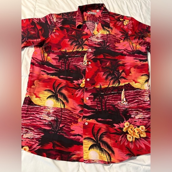Hawaiian vacation button down Shirt mens L blouse red sunset Hawaii island beach - Picture 9 of 15